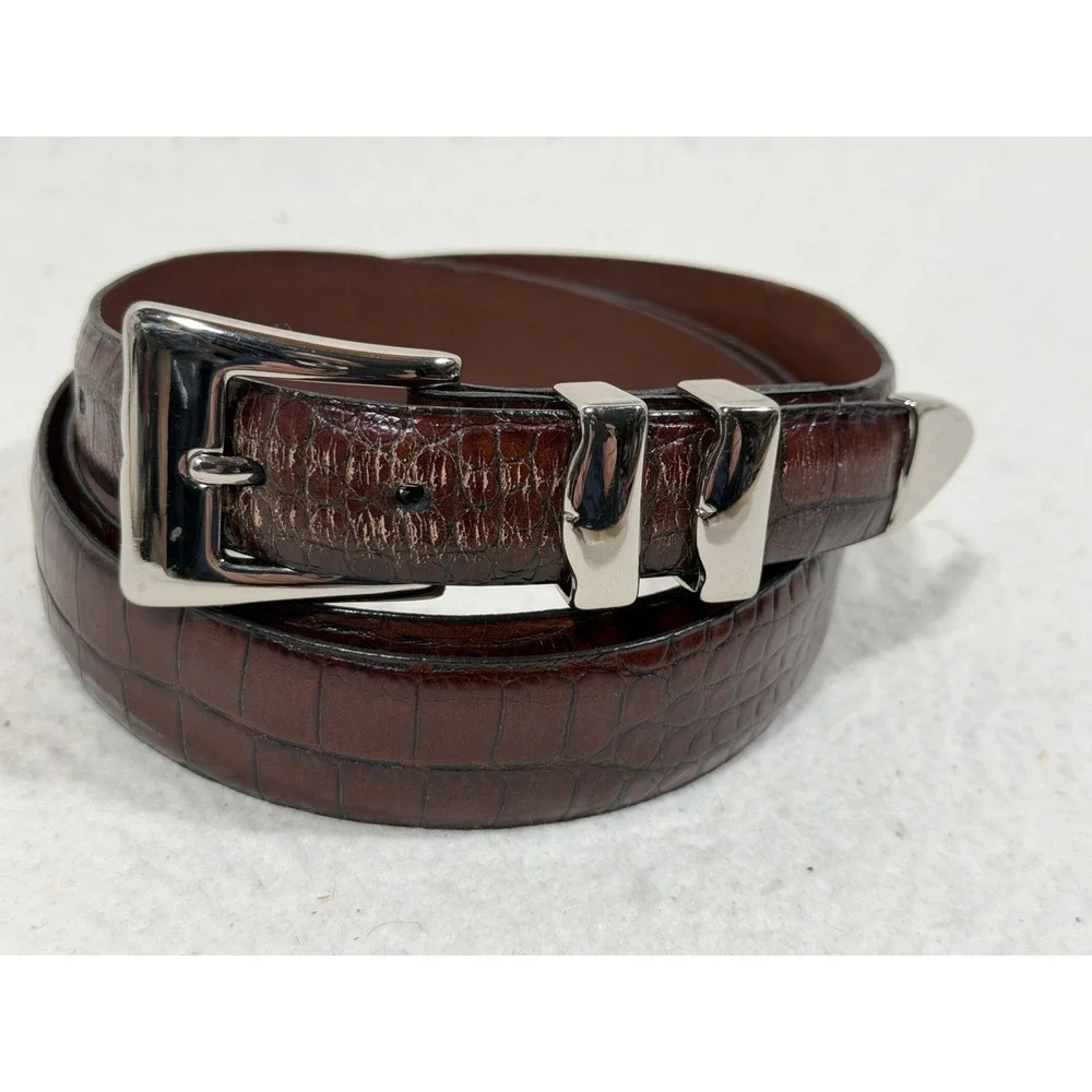 Torino Calfskin Croc Embossed Belt Brown Leather Dress Italian Quiet Luxury 46